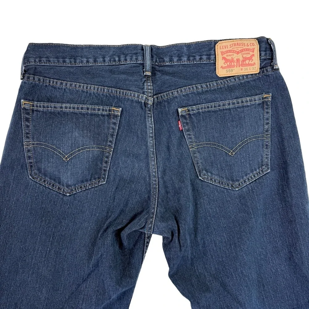 Levi's 559 Relaxed Straight Jeans Mens 36x32 Dark Wash Blue Denim Red Tab EUC